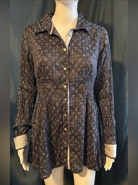 Free People Navy Blue Button Tunic Floral Print Cinched Elastic Waist 10 M Y2K